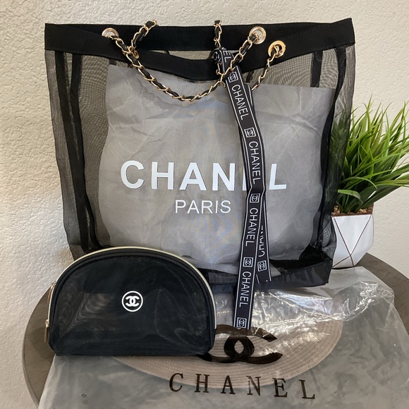 Chanel Black Mesh Tote Bag with Matching Cosmetic Pouch - Picture 3 of 9